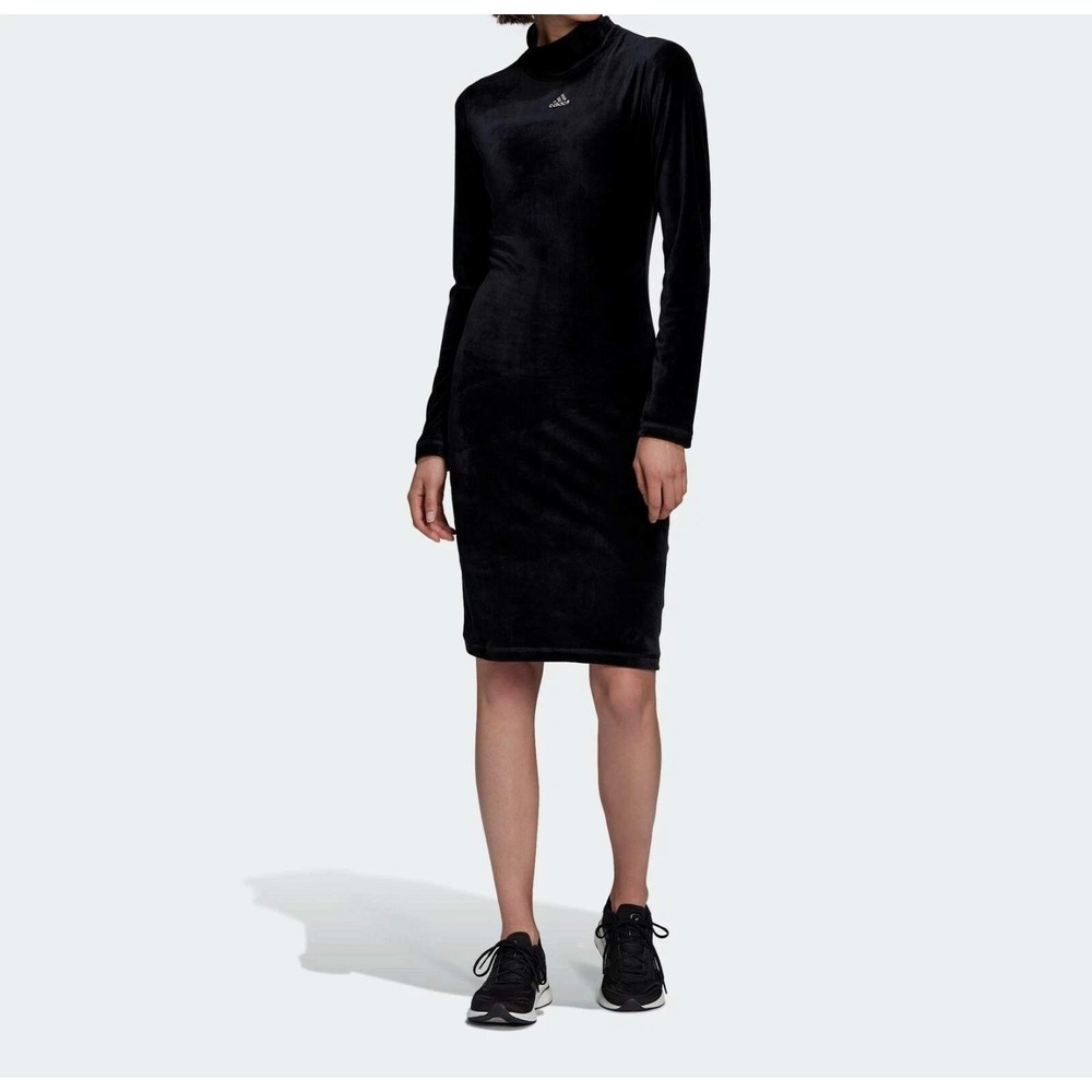 Adidas Velour Mock Neck Bodycon Dress Women Size Small Black Long Sleeve Sporty